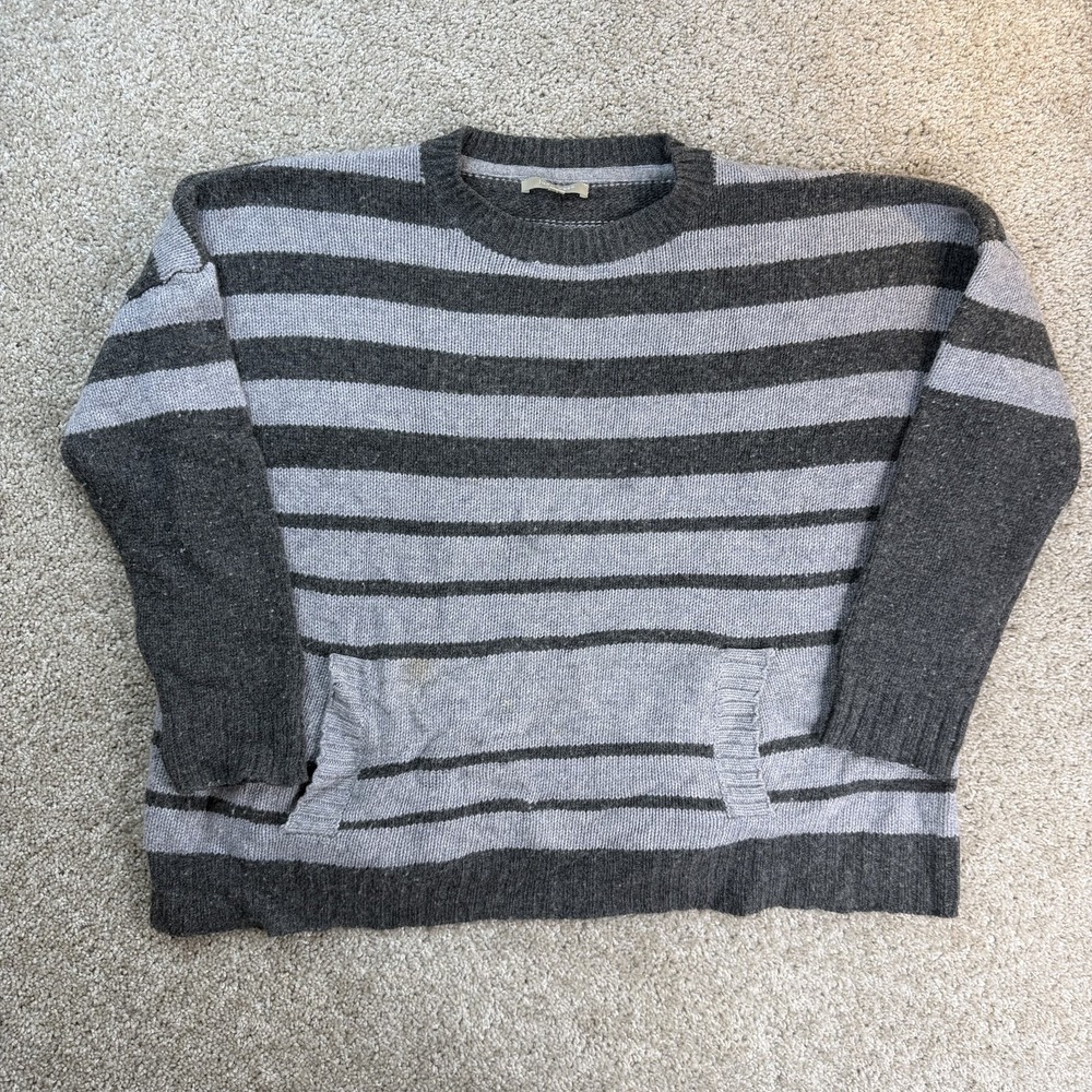 Joan Vass Sweater Womens M Gray Striped Crew Neck Pocket Knit Long Sleeve